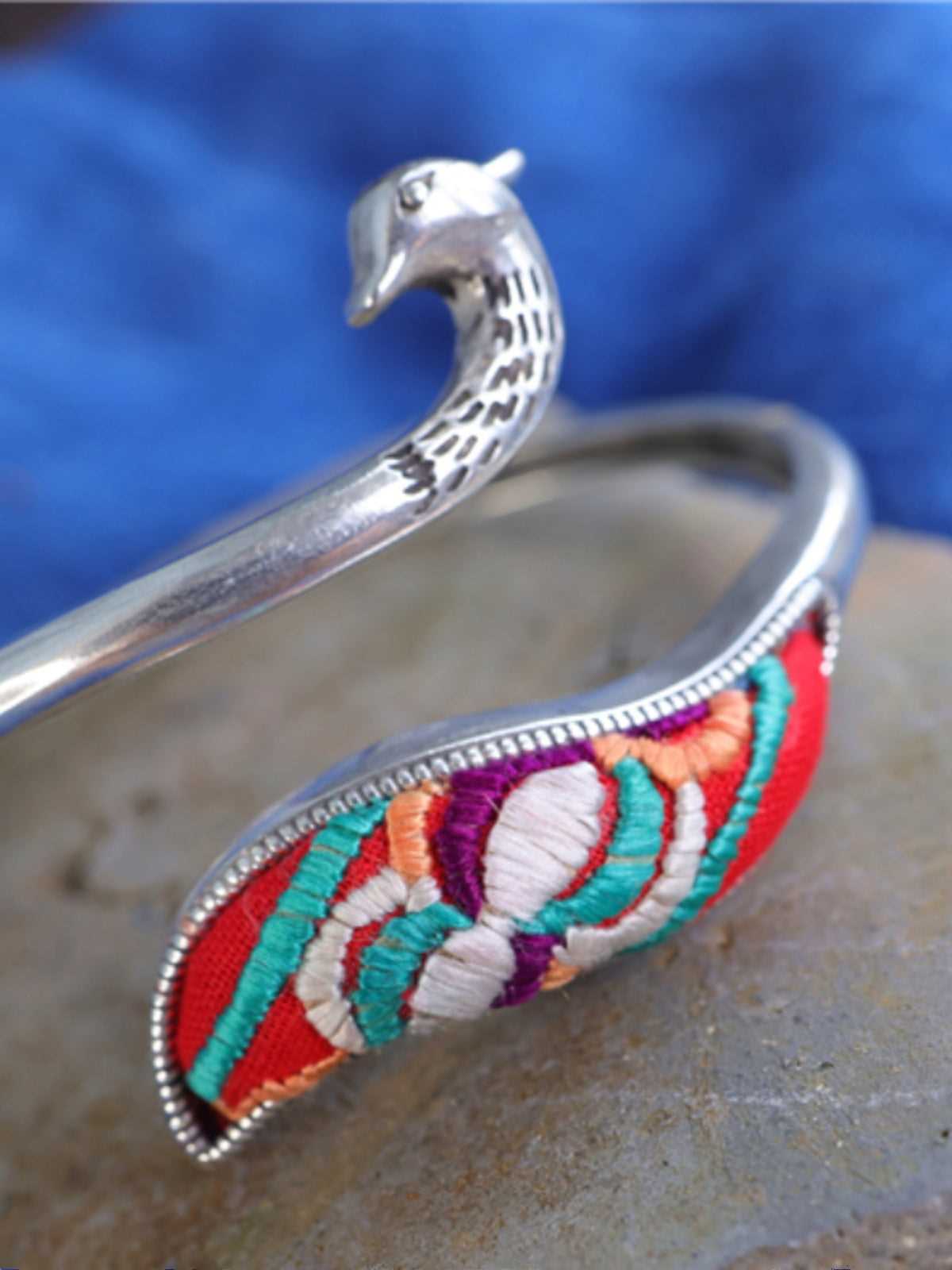 Miao Silver Embroidered Peacock Bracelet with Ethnic Style #132