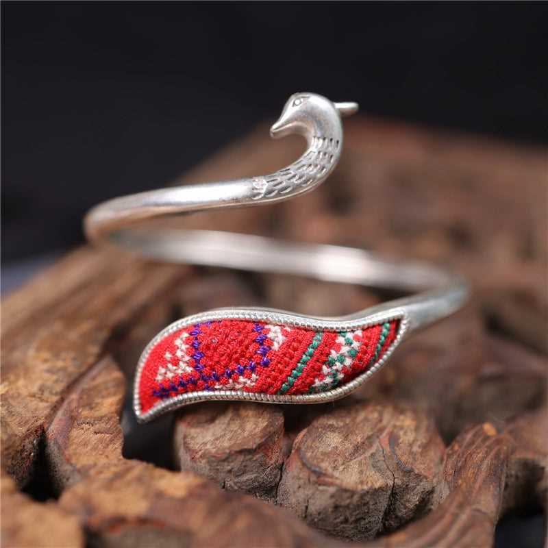 Miao Silver Embroidered Peacock Bracelet with Ethnic Style #132