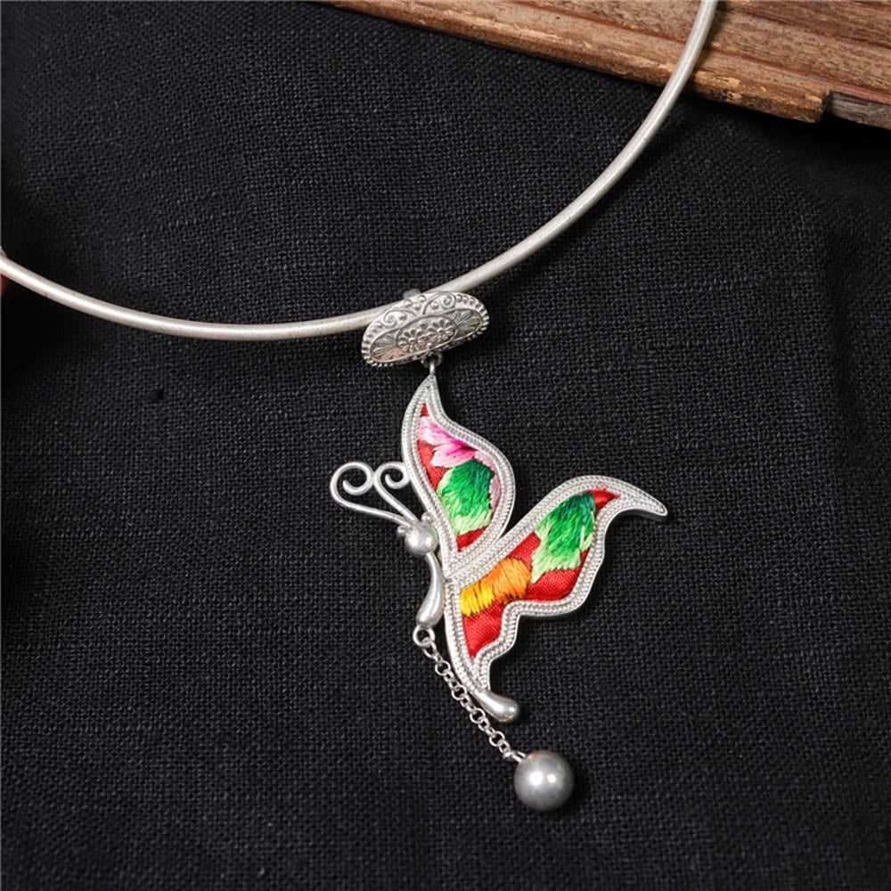 Miao Silver Embroidered Butterfly Necklace #135