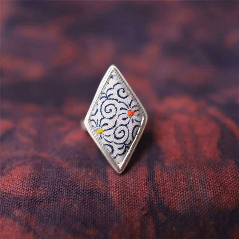 indigo dye 22-50 Miao Silver  Indigo Dye Ethnic Style Handmade Miao Silver Batik Ring #129