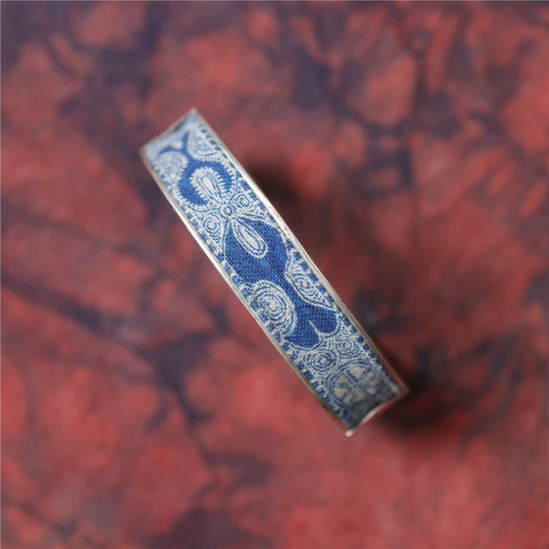 Miao Silver Bracelet with Plant Blue Dye Batik Design #131