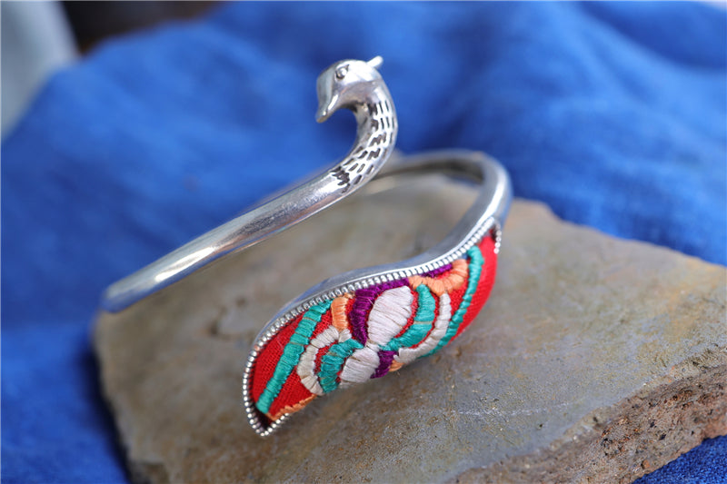 Miao Silver Embroidered Peacock Bracelet with Ethnic Style #132