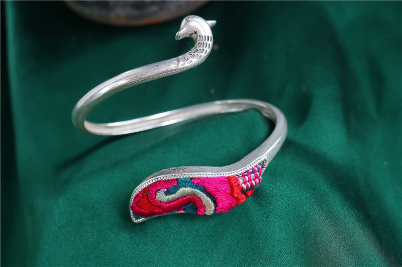 Miao Silver Embroidered Peacock Bracelet with Ethnic Style #132