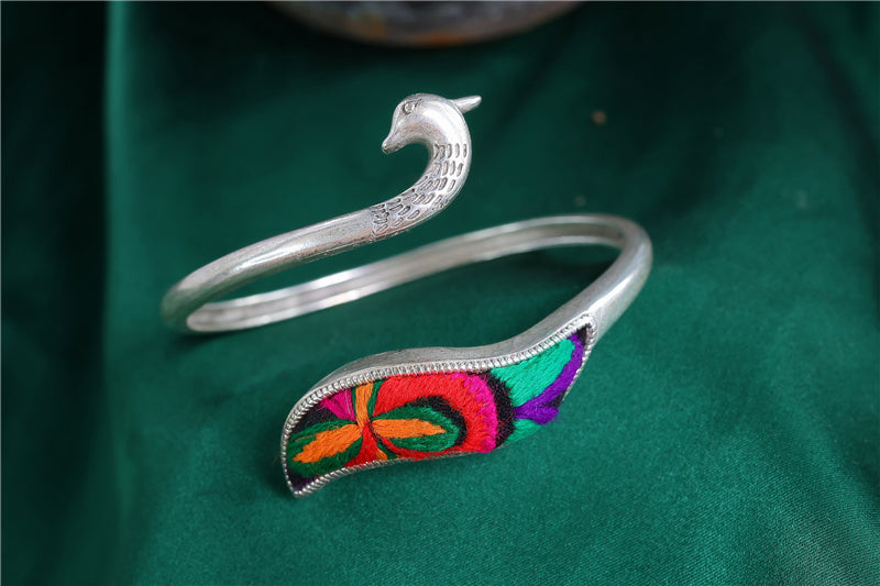 Miao Silver Embroidered Peacock Bracelet with Ethnic Style #132