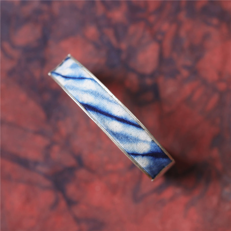 Miao Silver Bracelet with Plant Blue Dye Batik Design #131