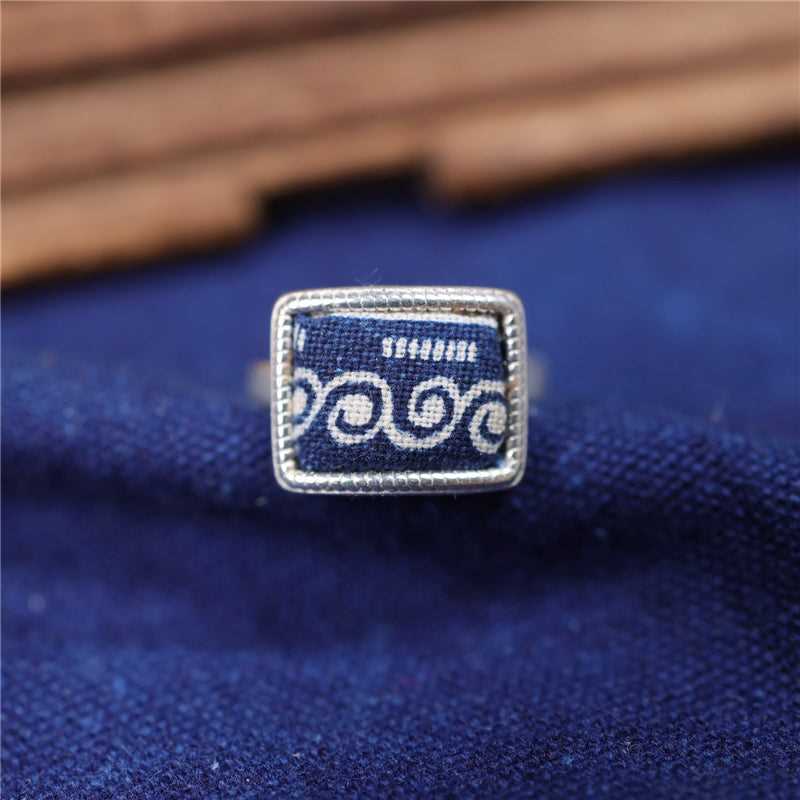 indigo dye 22-50 Miao Silver  Indigo Dye Ethnic Style Handmade Miao Silver Batik Ring #129