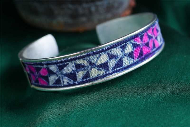 Miao Silver Bracelet with Plant Blue Dye Batik Design #131