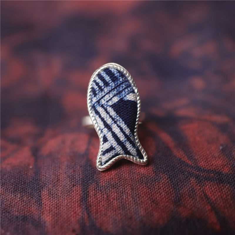 indigo dye 71-100 Miao Silver Indigo Dye Ethnic Style Handmade Batik Ring #129