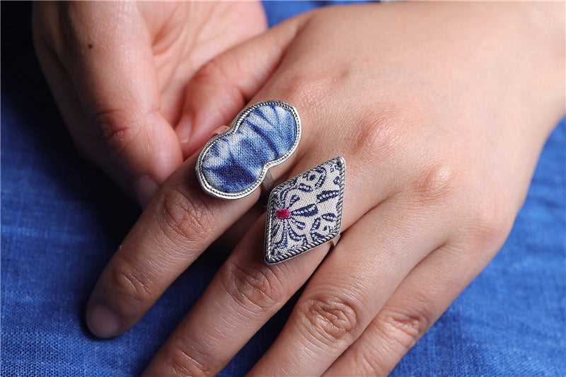 indigo dye 1-20 Miao Silver Indigo Dye Ethnic Style HandmadeBatik Ring #129