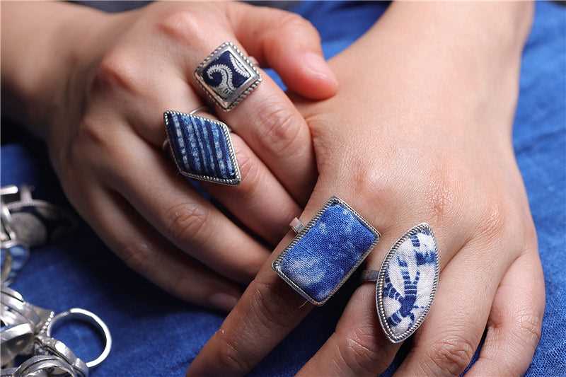 indigo dye 1-20 Miao Silver Indigo Dye Ethnic Style HandmadeBatik Ring #129