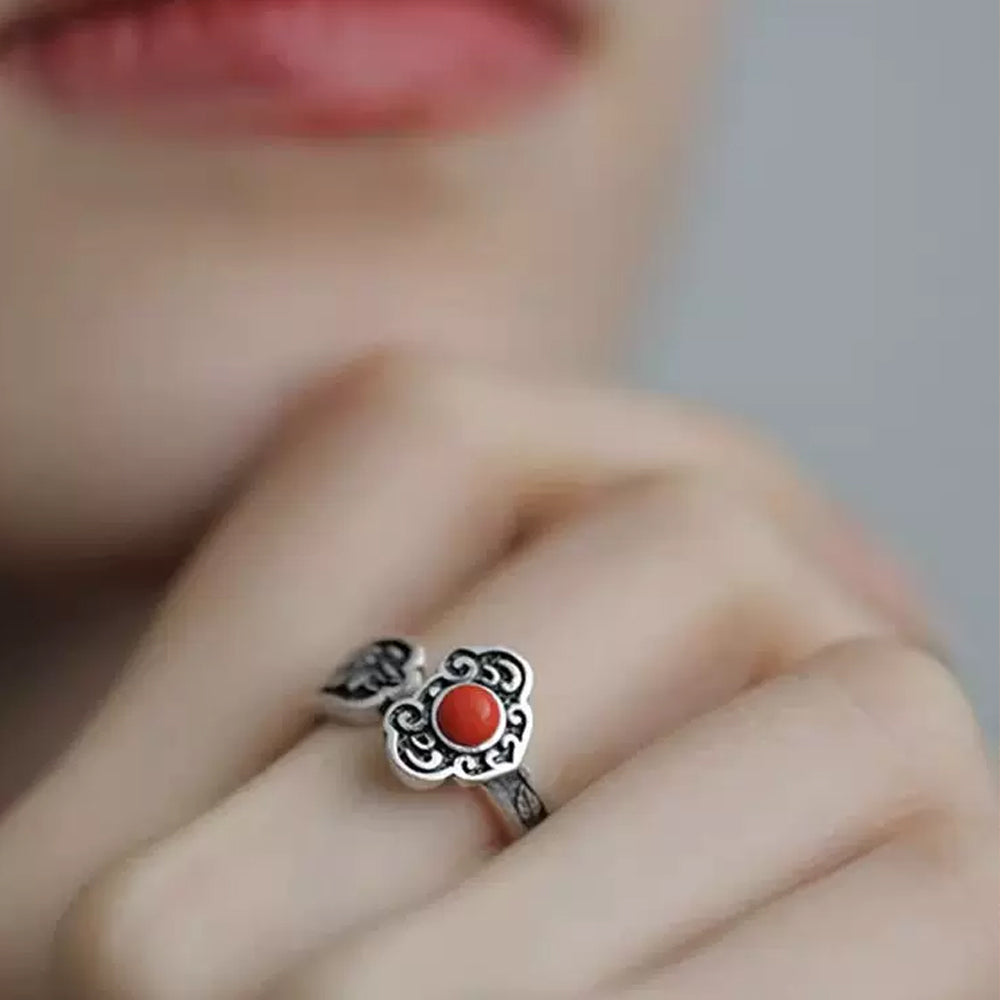 S925 Silver Natural Red Agate Ruyi Cloud Ring for Women #140