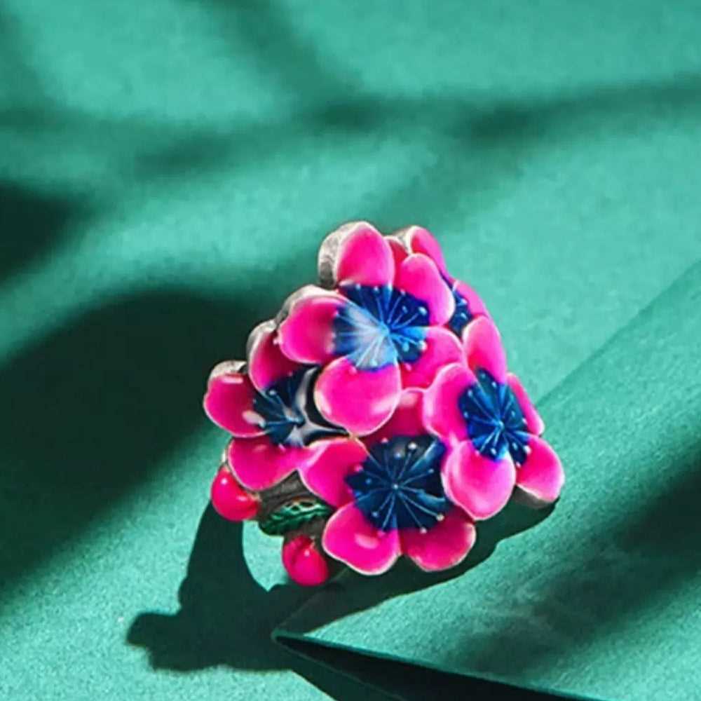 S925 Silver Enamel Floral Adjustable Ring #145