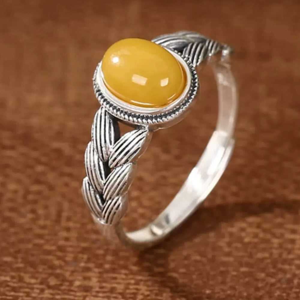 Natural Yellow Amber Beeswax S925 Ring#137