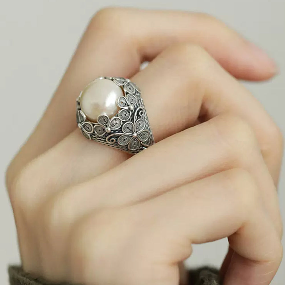 Wealth and Good Fortune S925 Silver Freshwater Pearl Butterfly Filigree Ring#114