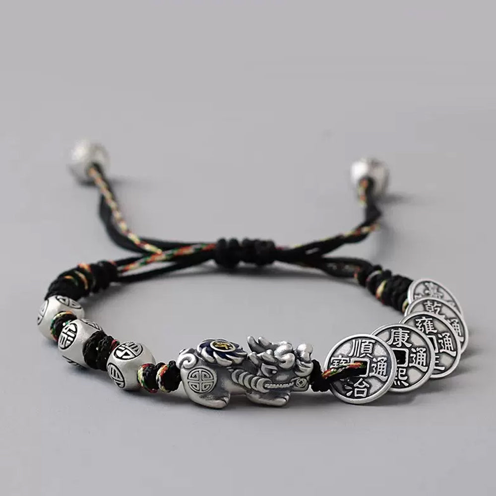 925 Silver Pixiu Bracelet with Five Emperor Coins, Wealth and Fortune Attraction #130