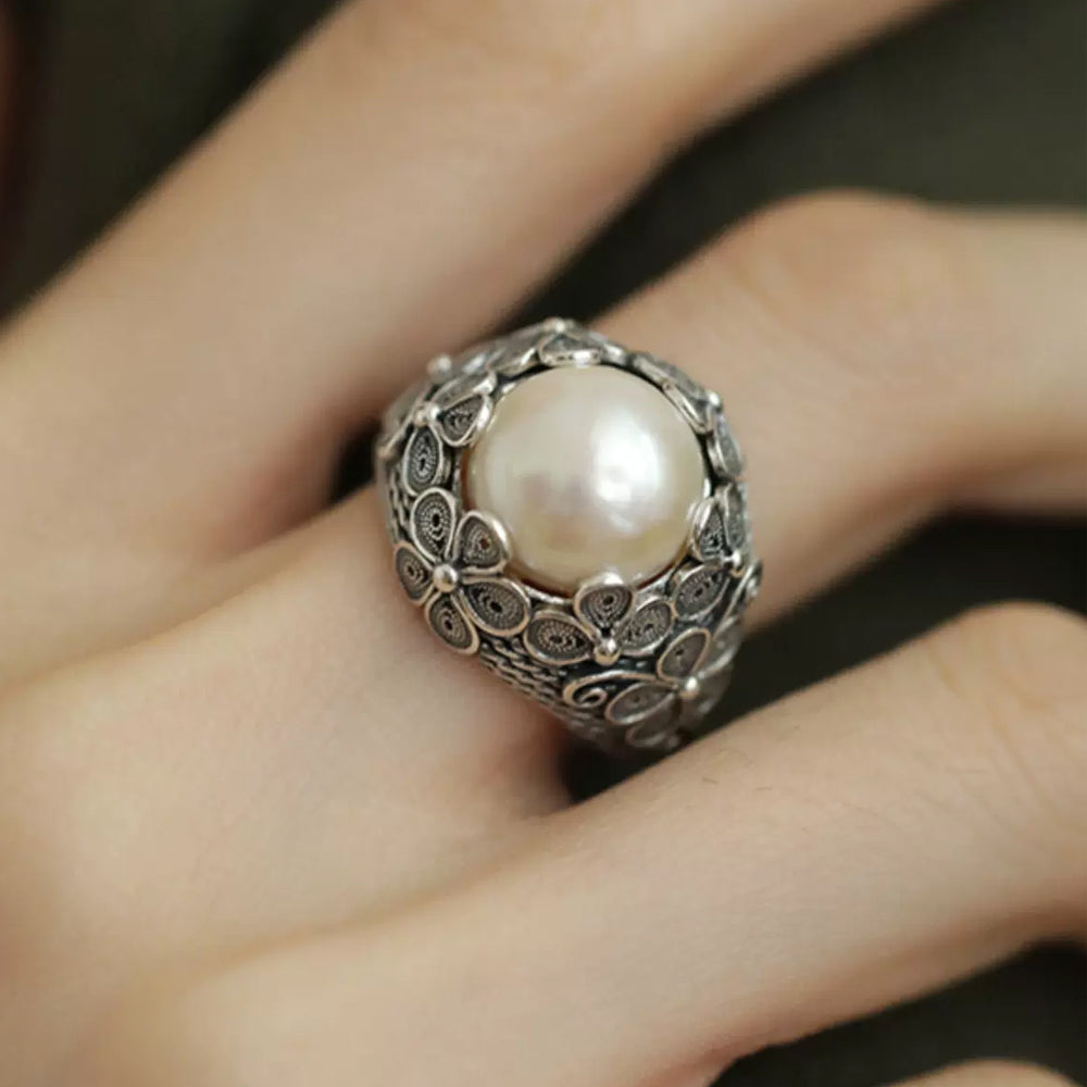 Wealth and Good Fortune S925 Silver Freshwater Pearl Butterfly Filigree Ring#114