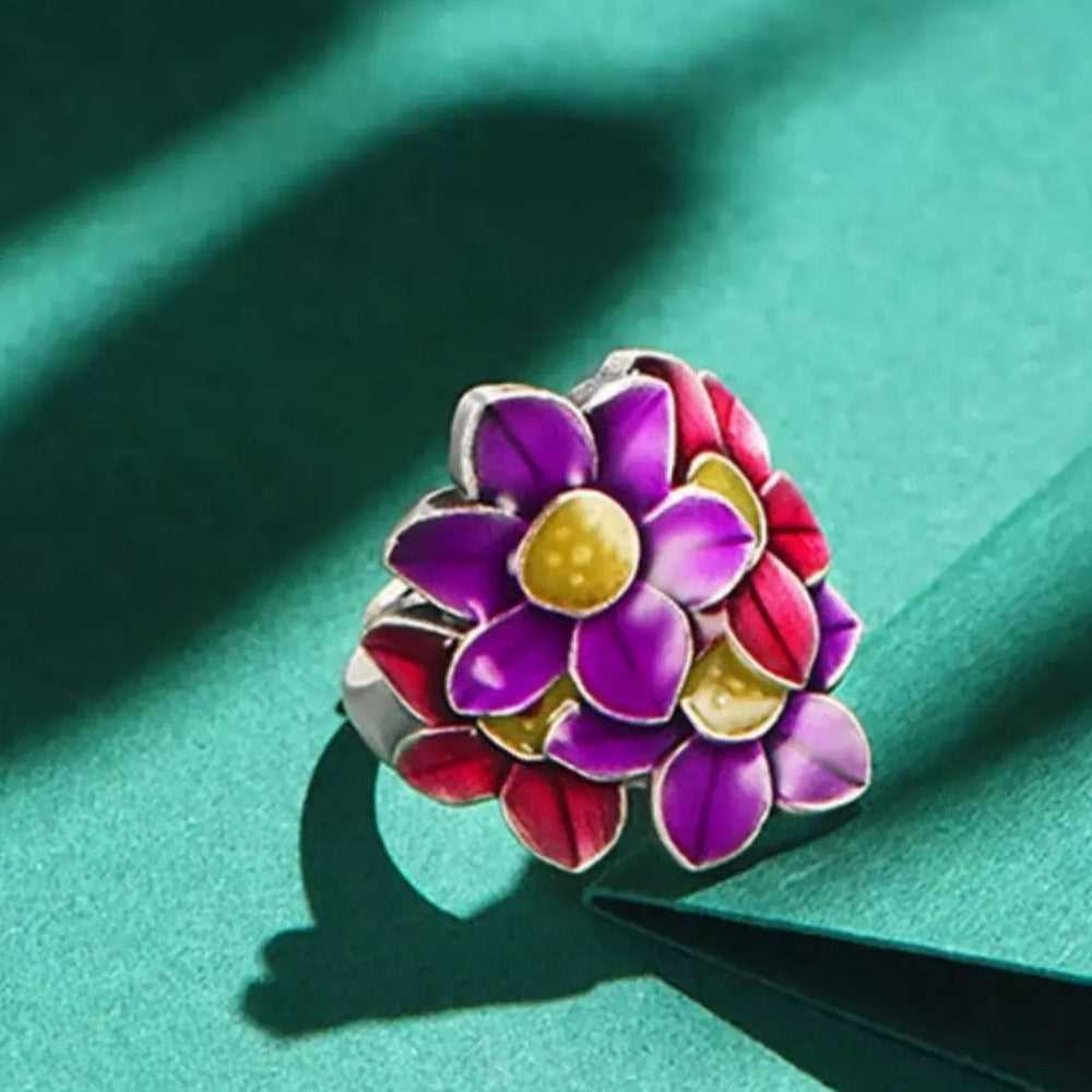 S925 Silver Enamel Floral Adjustable Ring #145