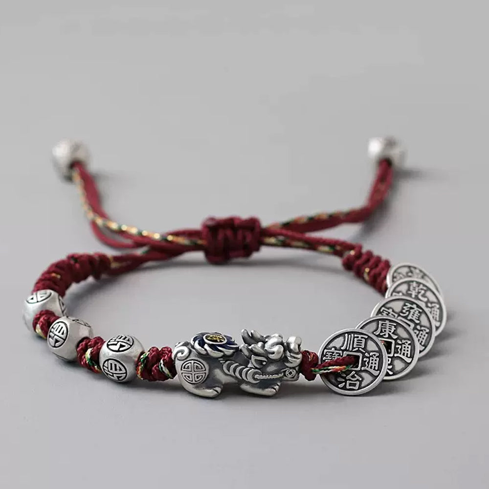 925 Silver Pixiu Bracelet with Five Emperor Coins, Wealth and Fortune Attraction #130