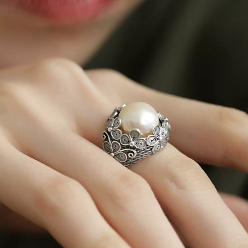 Wealth and Good Fortune S925 Silver Freshwater Pearl Butterfly Filigree Ring#114