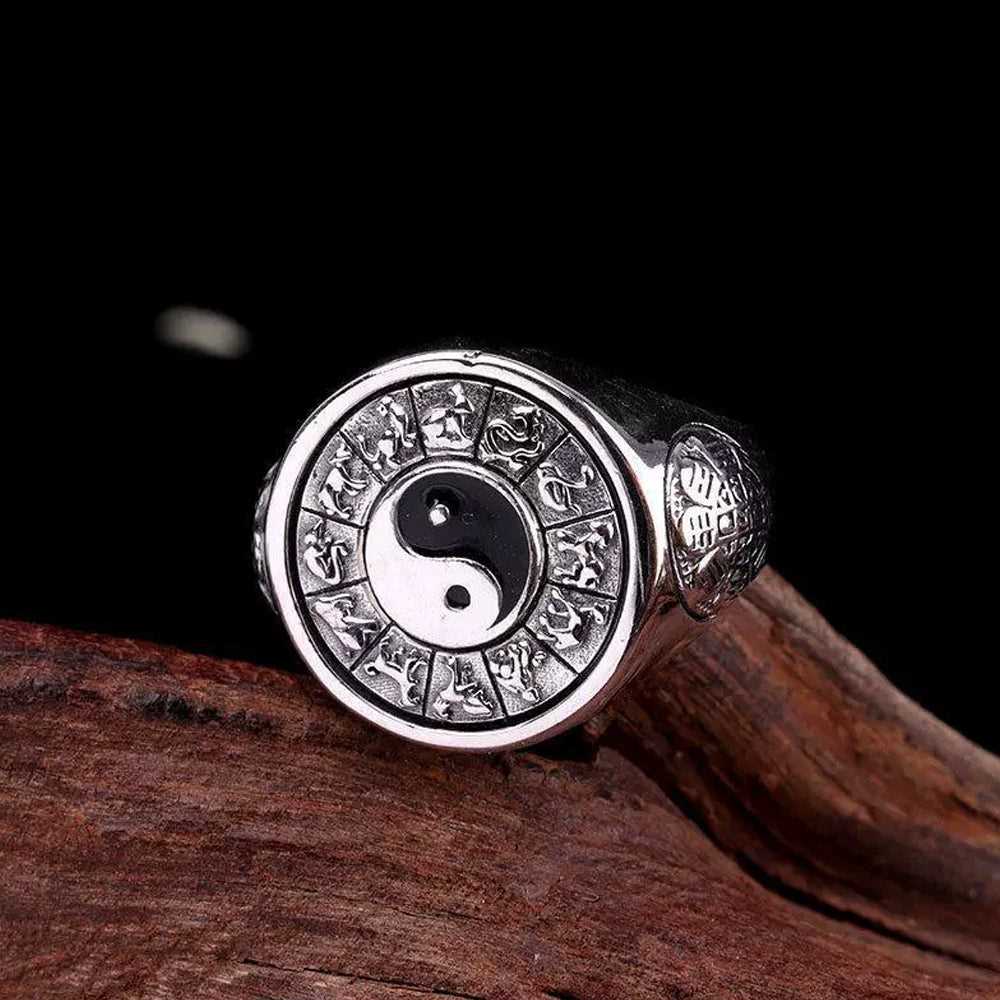 925 Silver Zodiac Taiji Baguà Rotating Ring #139