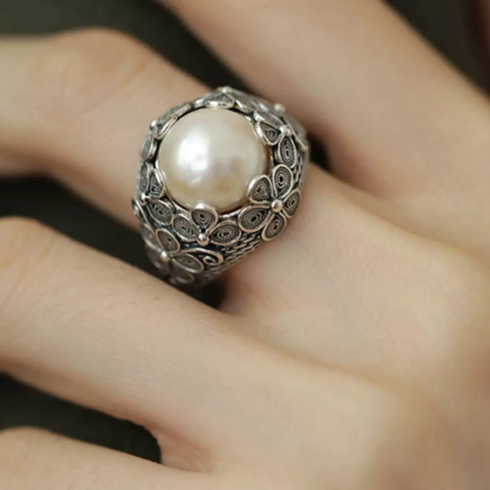 Wealth and Good Fortune S925 Silver Freshwater Pearl Butterfly Filigree Ring#114