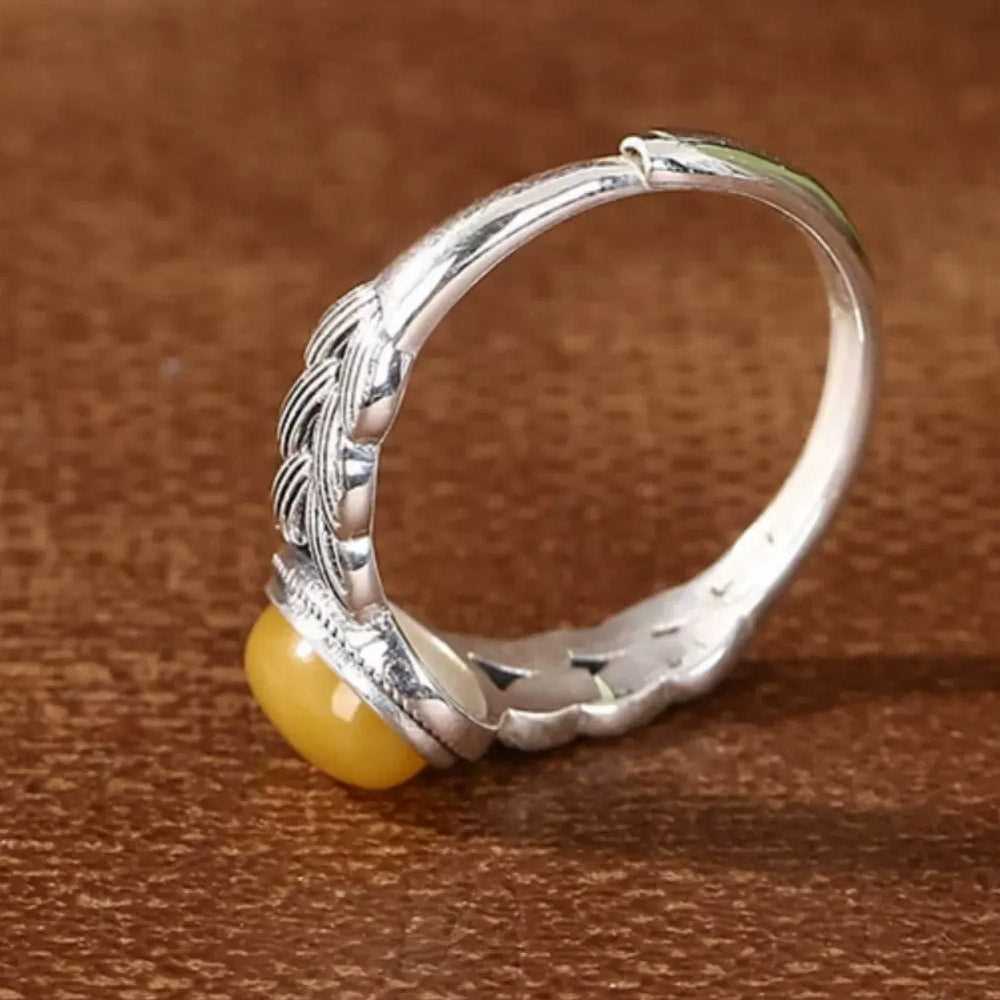 Natural Yellow Amber Beeswax S925 Ring#137