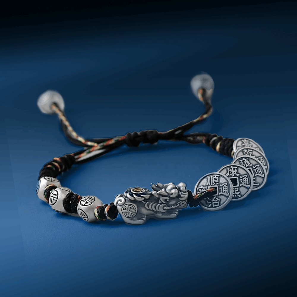 925 Silver Pixiu Bracelet with Five Emperor Coins, Wealth and Fortune Attraction #130