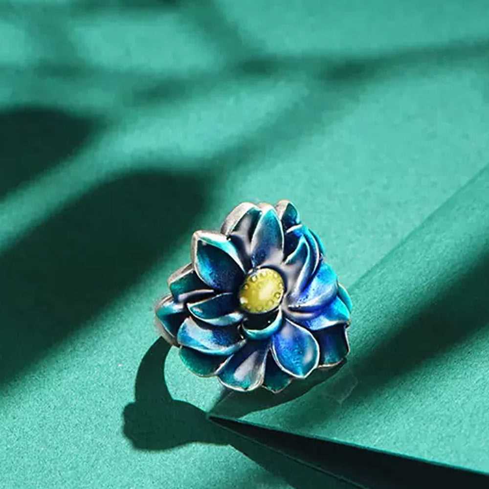 S925 Silver Enamel Floral Adjustable Ring #145