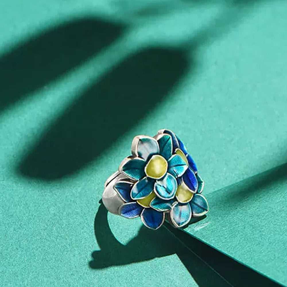 S925 Silver Enamel Floral Adjustable Ring #145